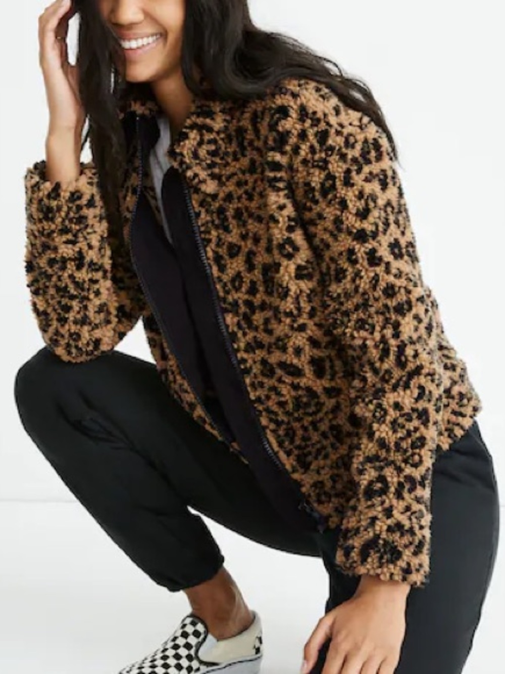 MADEWELL Sherpa Bomber Jacket in Leopard Leopard Print Tan & Black Sz XS
